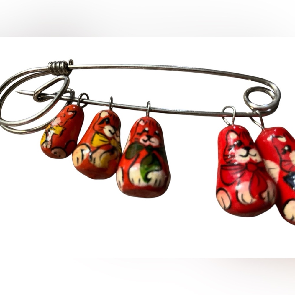 Vintage Hand Painted Cat Dangle Pin Red Wooden Bead Charm Brooch Kawaii Folk Art